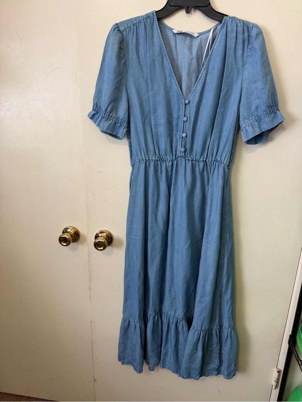 Zara Light Blue Button-Front Tiered Midi Dress